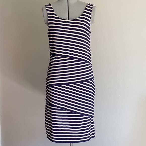 Loft Women's Extra Small Petite Stripe Layered Midi Dress Navy & White - Picture 1 of 6